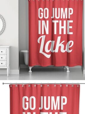 Playful Red 'Go Jump in the Lake' Shower Curtain by